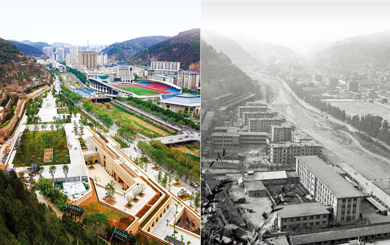 這是一張拼版照片,左圖為2019年5月5日拍攝的延安市南河河道(新華社記者 劉瀟/攝);右圖為1983年12月26日拍攝的延安市南河河道(資料照片)。